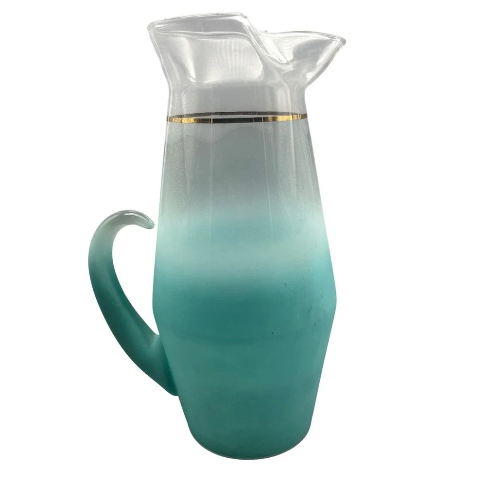 Vtg Blendo Glass Pitcher Frosted Turquoise MCM Vintage 1950 Gold Trim‎ W.V.